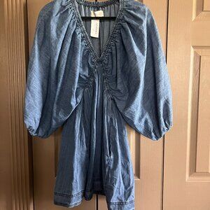 V Neck Puff Sleeve Denim Dress